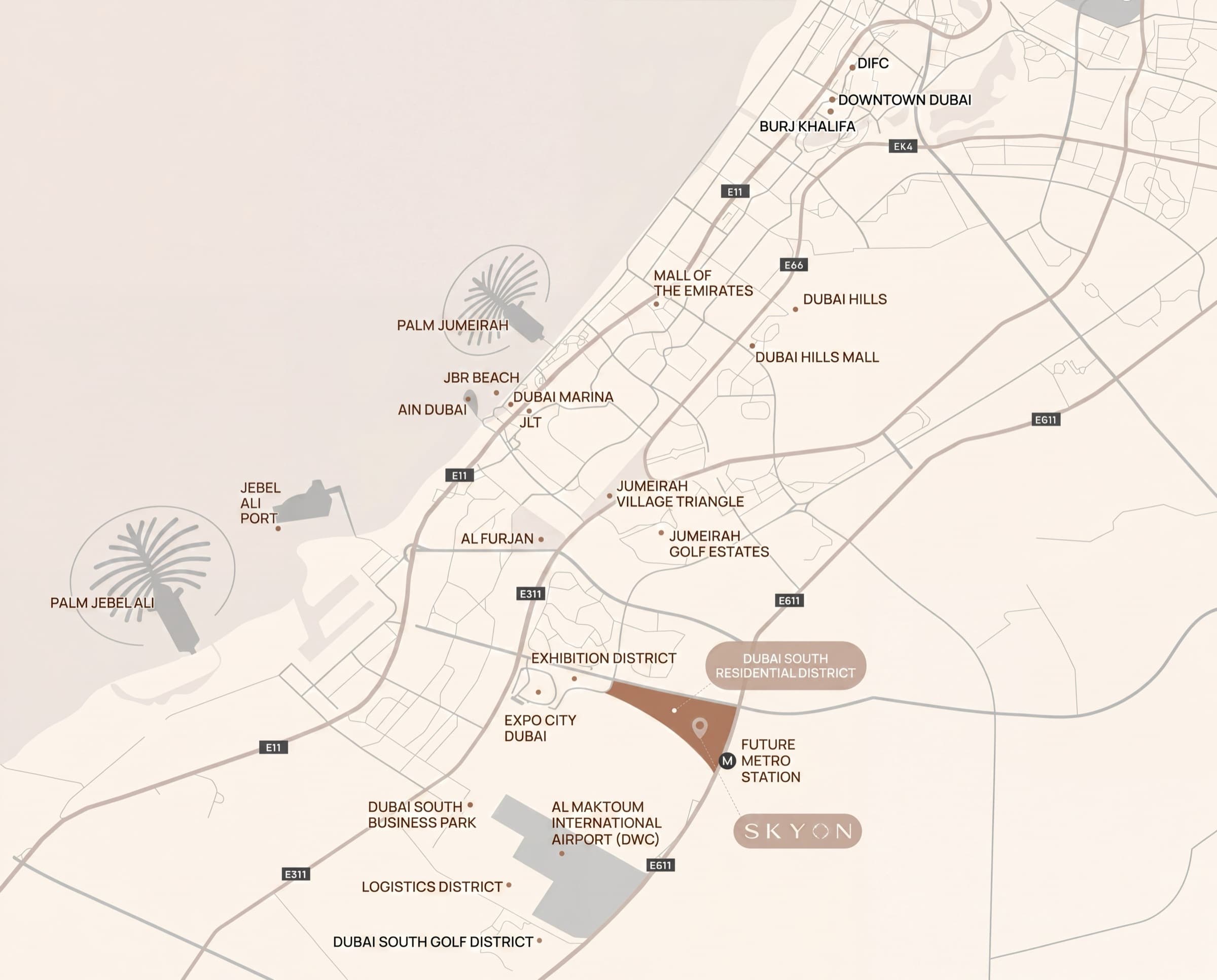 Map showing SKYON in Dubai South and key destinations